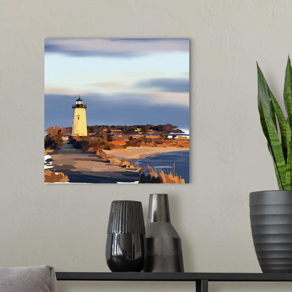 A modern room featuring Peaceful landscape painting of a lighthouse on the coast in the evening.