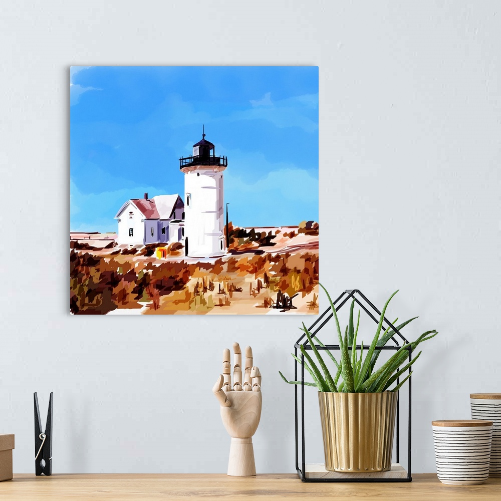A bohemian room featuring Contemporary artwork of a lighthouse in front of a deep blue sky.