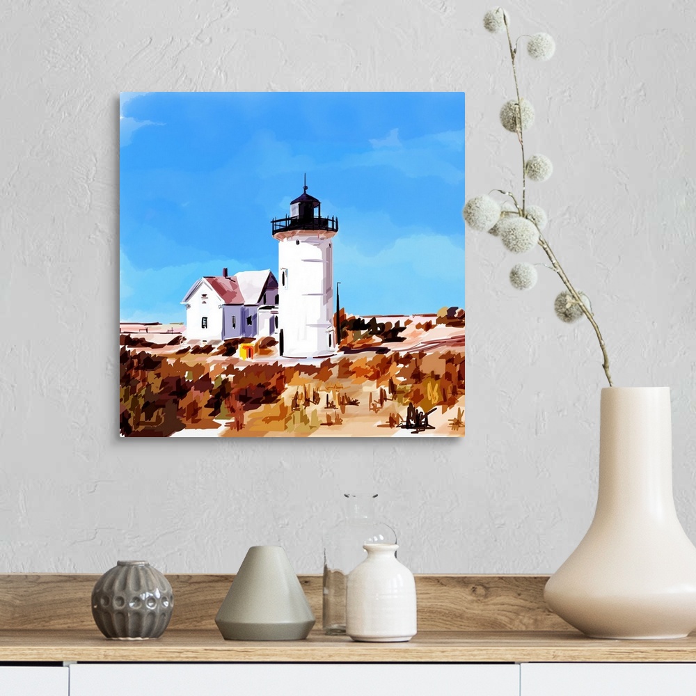 A farmhouse room featuring Contemporary artwork of a lighthouse in front of a deep blue sky.