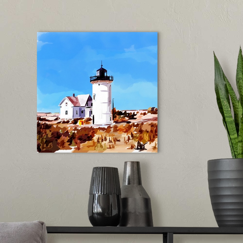 A modern room featuring Contemporary artwork of a lighthouse in front of a deep blue sky.