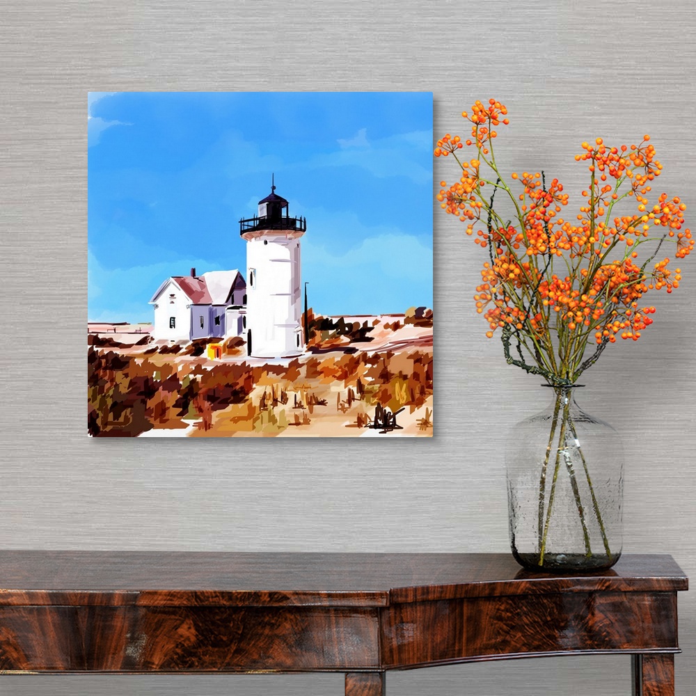 A traditional room featuring Contemporary artwork of a lighthouse in front of a deep blue sky.