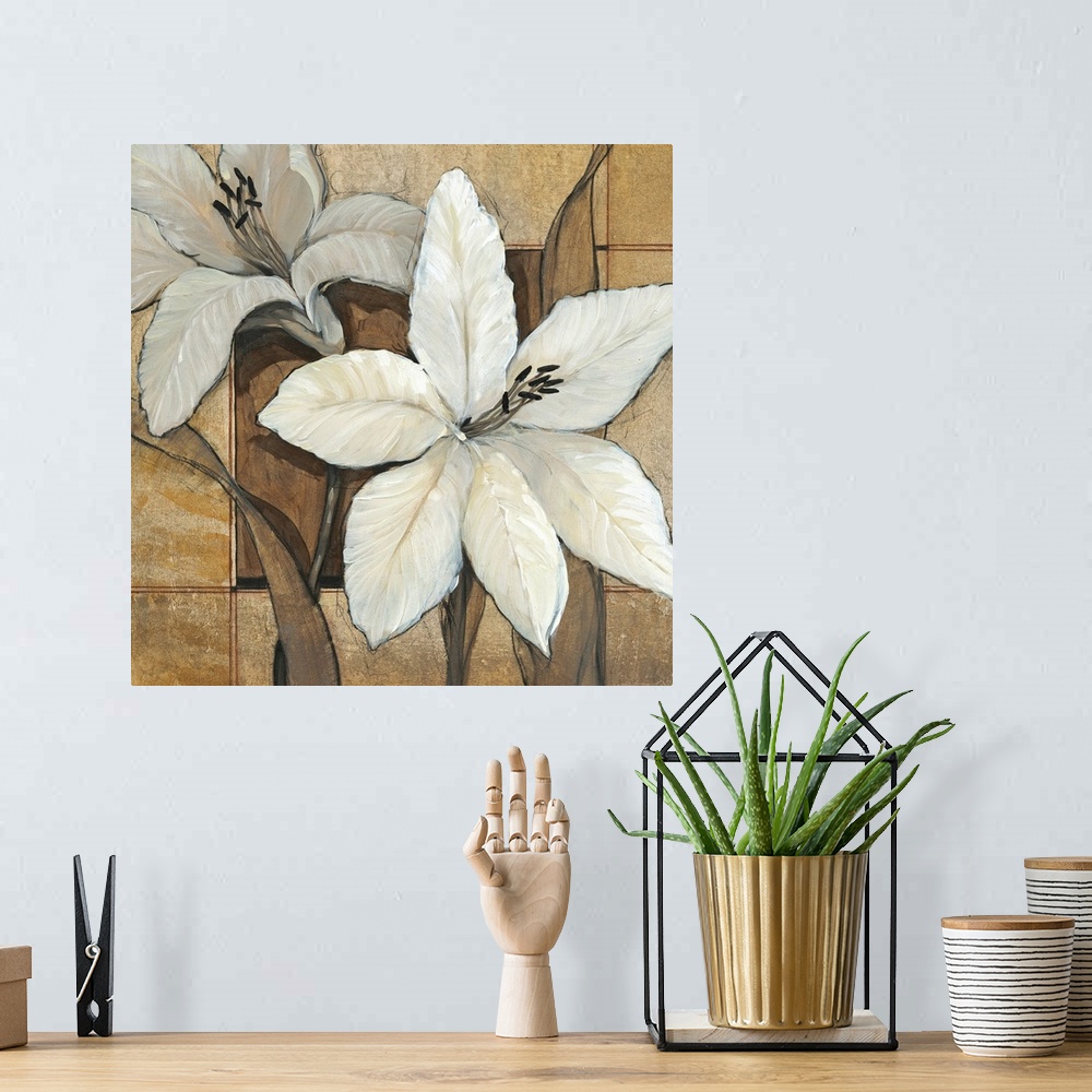 A bohemian room featuring Square, oversized home art docor of two large lilies on a background of an earth tone tile with a...