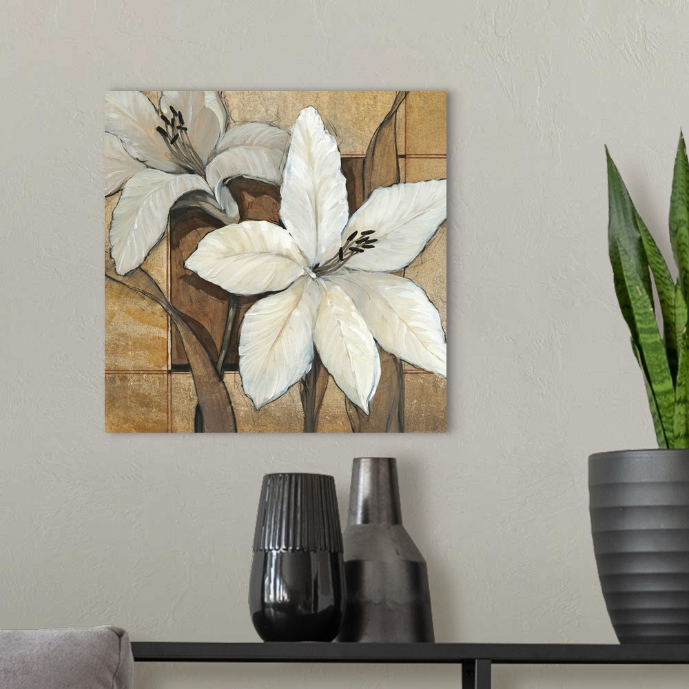 A modern room featuring Square, oversized home art docor of two large lilies on a background of an earth tone tile with a...