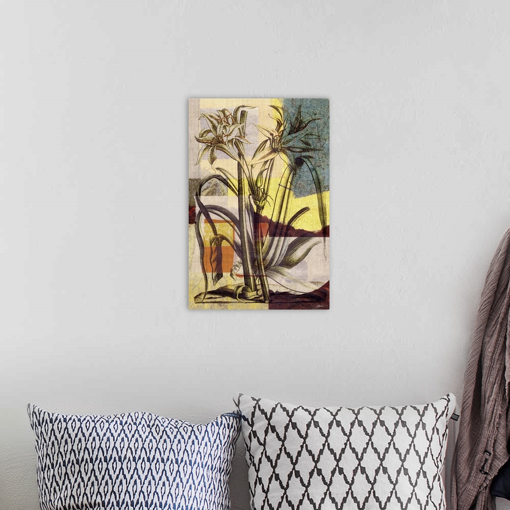 A bohemian room featuring Decorative artwork featuring a vintage lily print over an abstract background.