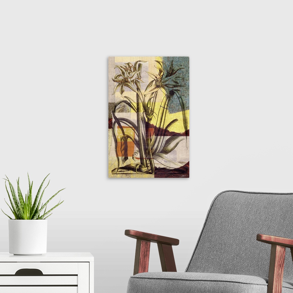 A modern room featuring Decorative artwork featuring a vintage lily print over an abstract background.