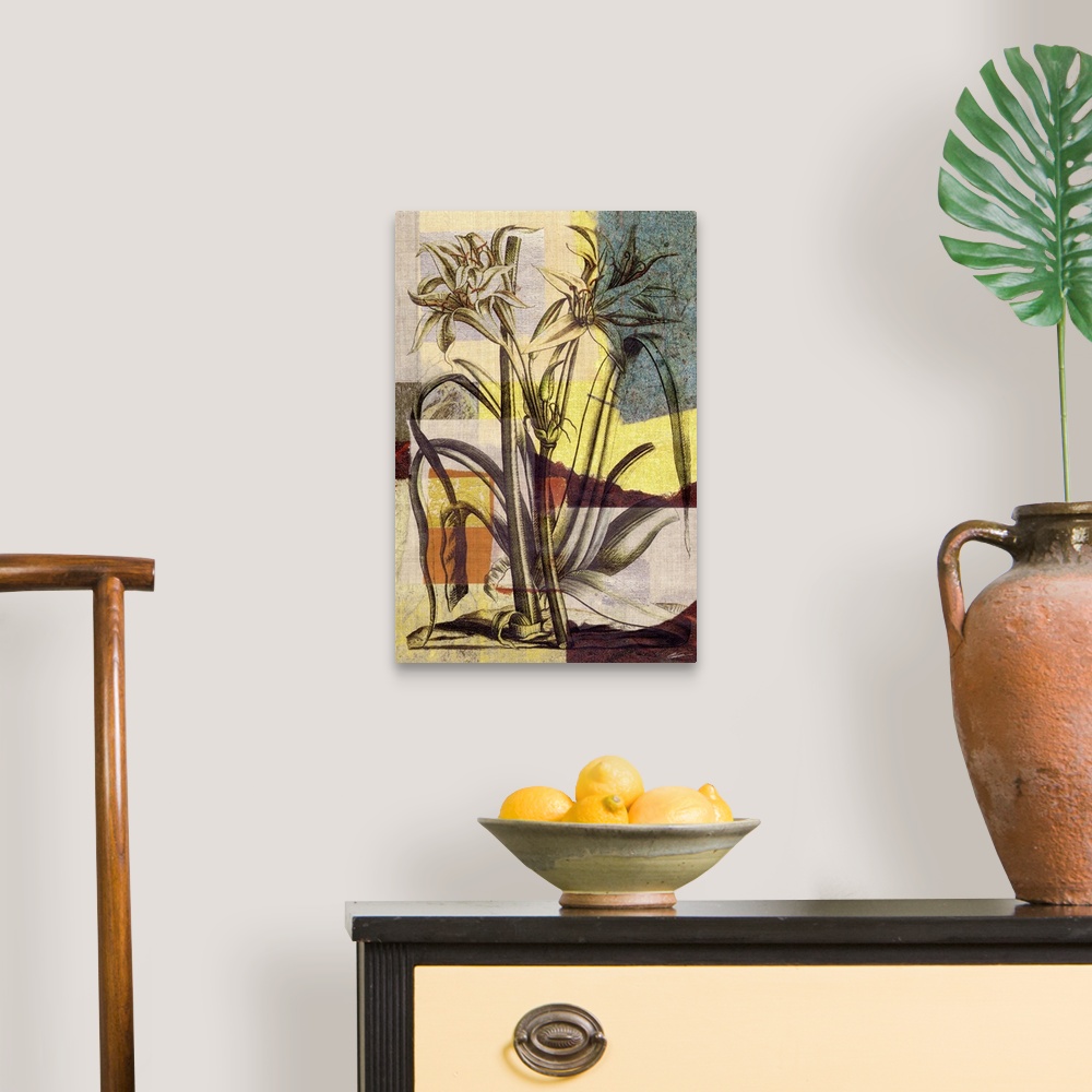 A traditional room featuring Decorative artwork featuring a vintage lily print over an abstract background.