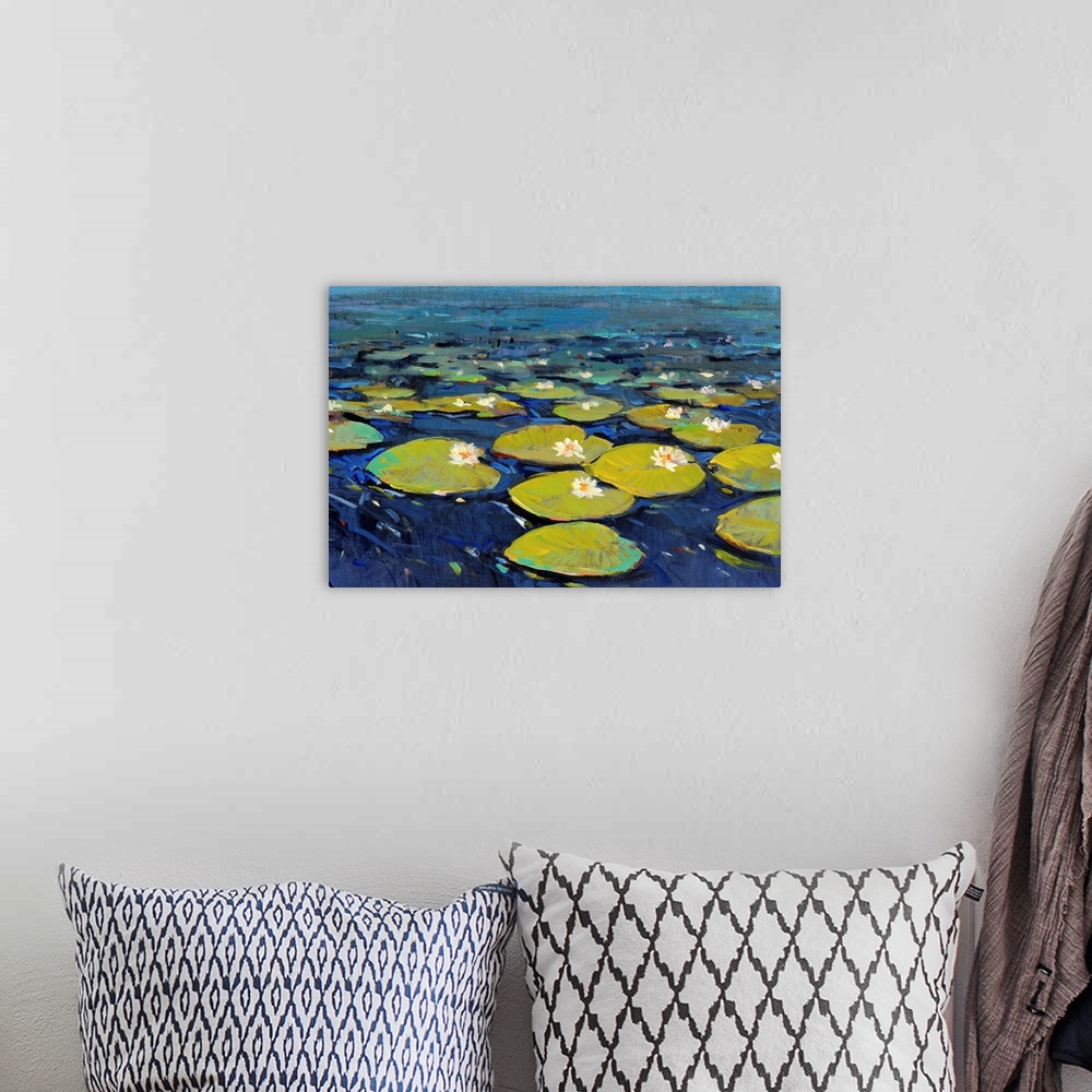 A bohemian room featuring Contemporary painting of bright green lily pads in a deep blue pond.