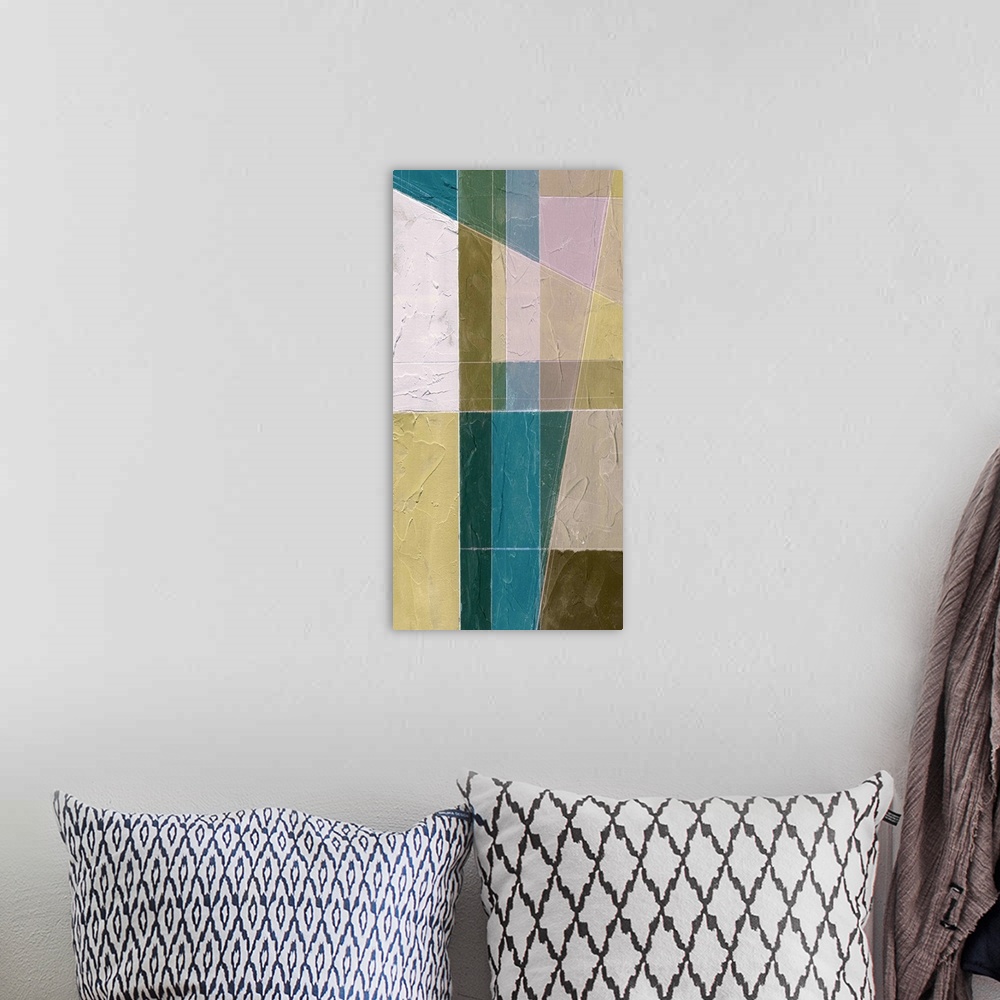 A bohemian room featuring Retro mid-century stylized painting using muted tones and geometric shapes.