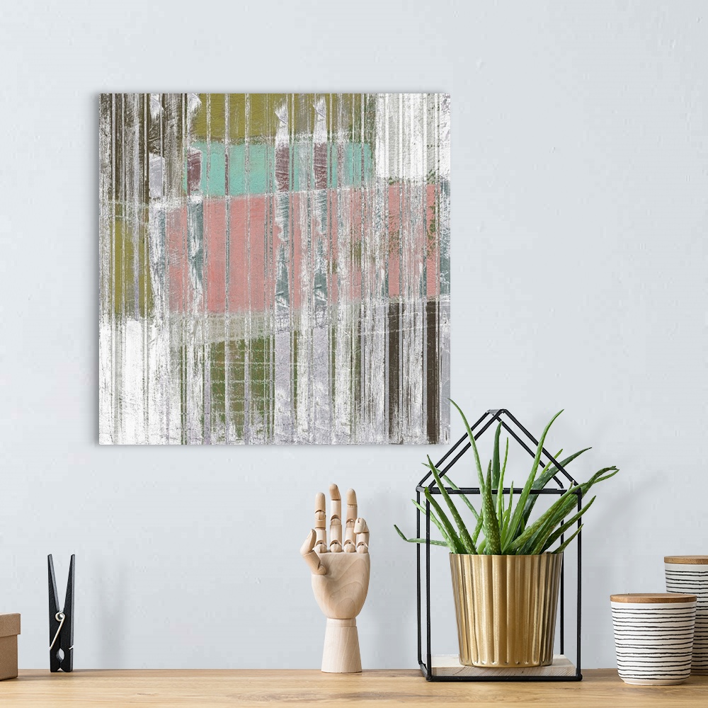 A bohemian room featuring Contemporary abstract artwork using vertical lines mixed with washed colors.