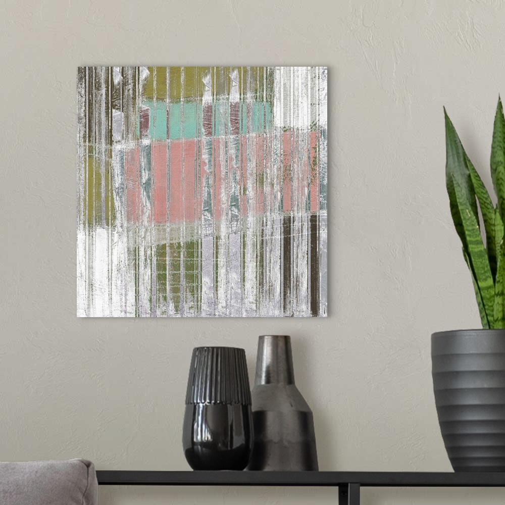 A modern room featuring Contemporary abstract artwork using vertical lines mixed with washed colors.