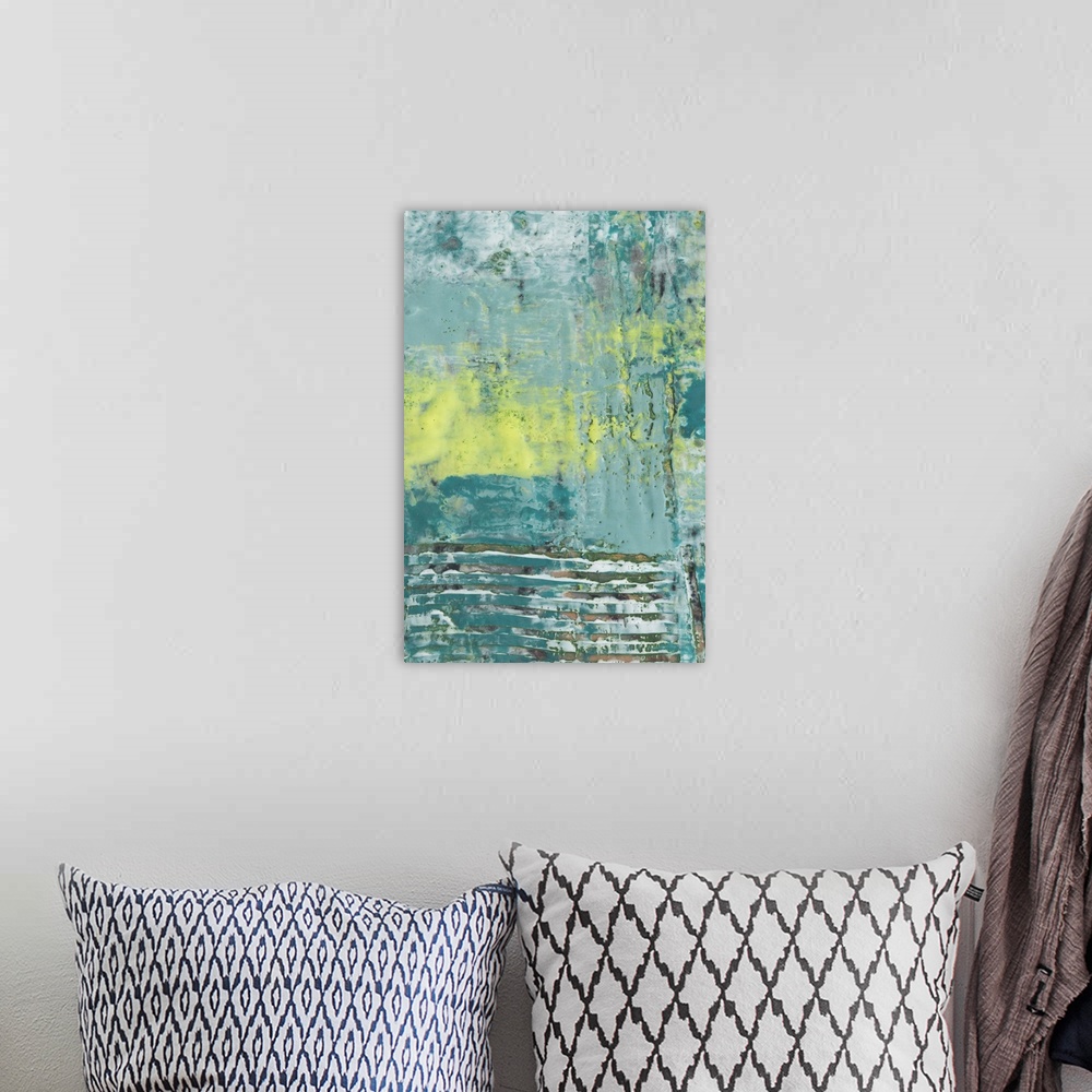 A bohemian room featuring Contemporary abstract artwork using cool tones layered textures.
