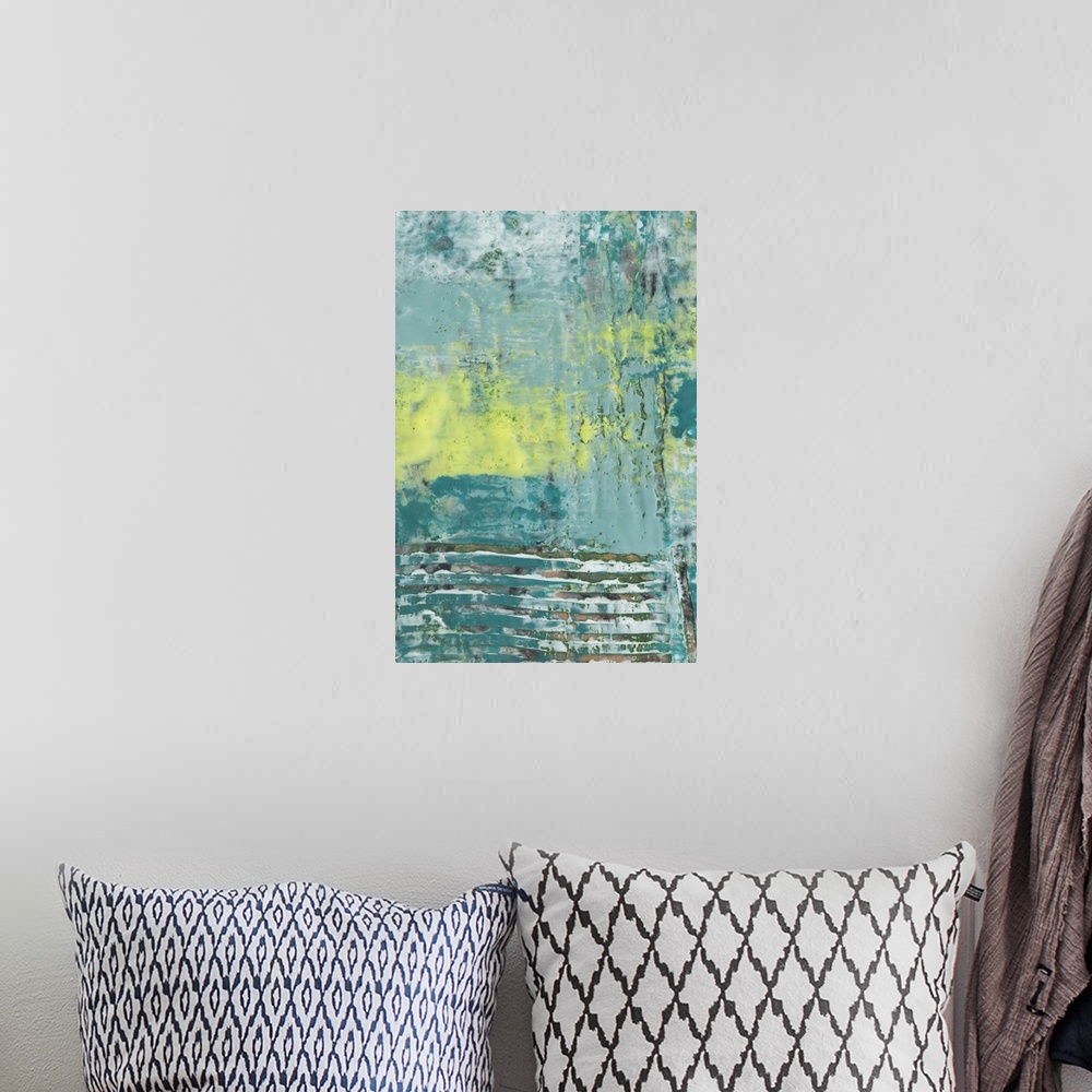 A bohemian room featuring Contemporary abstract artwork using cool tones layered textures.