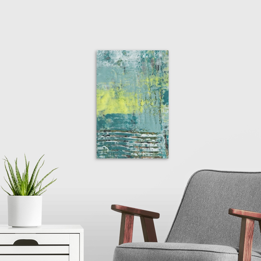 A modern room featuring Contemporary abstract artwork using cool tones layered textures.