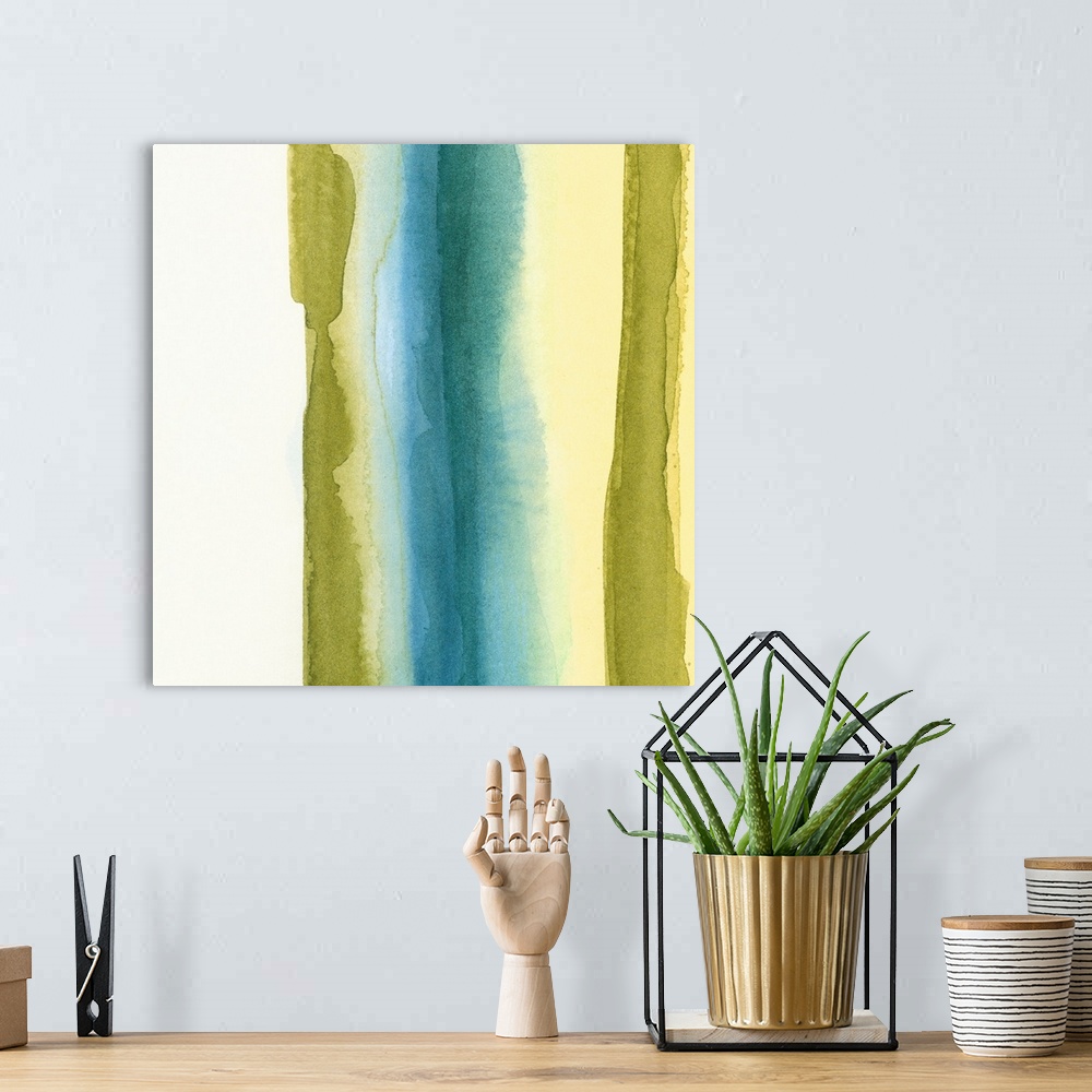 A bohemian room featuring Watercolor painting of vertical stripes of muted washed out colors that are bleeding together.