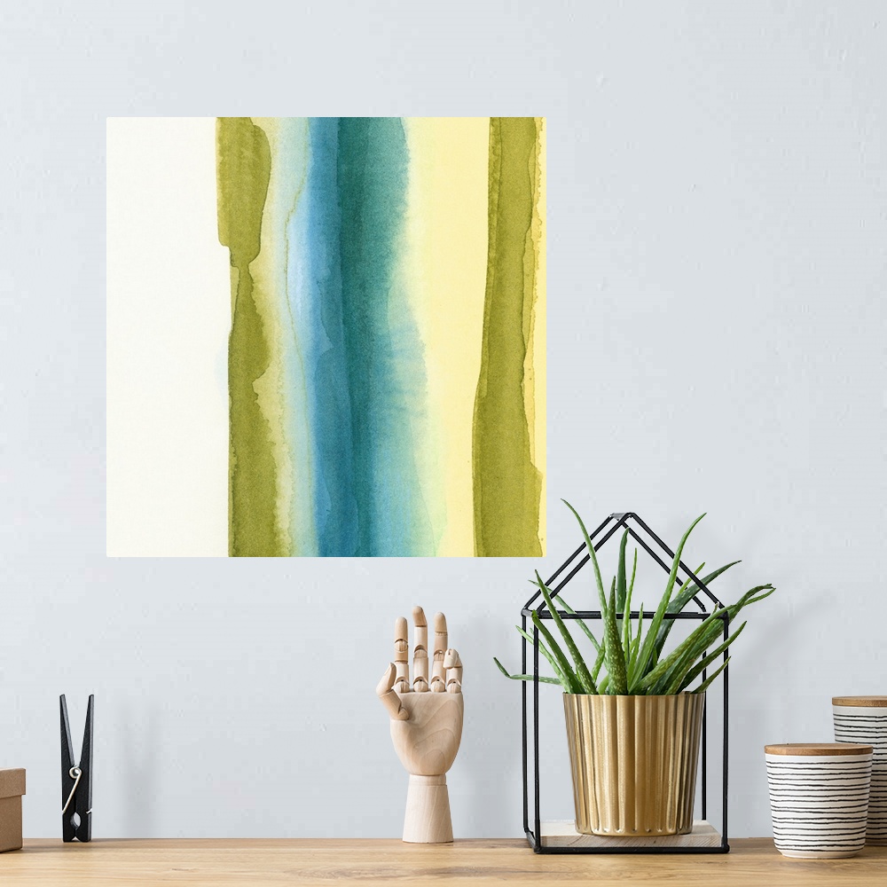 A bohemian room featuring Watercolor painting of vertical stripes of muted washed out colors that are bleeding together.