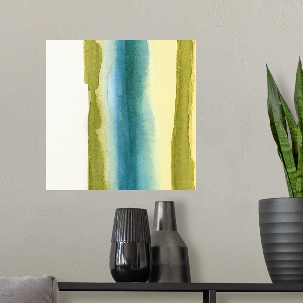 A modern room featuring Watercolor painting of vertical stripes of muted washed out colors that are bleeding together.