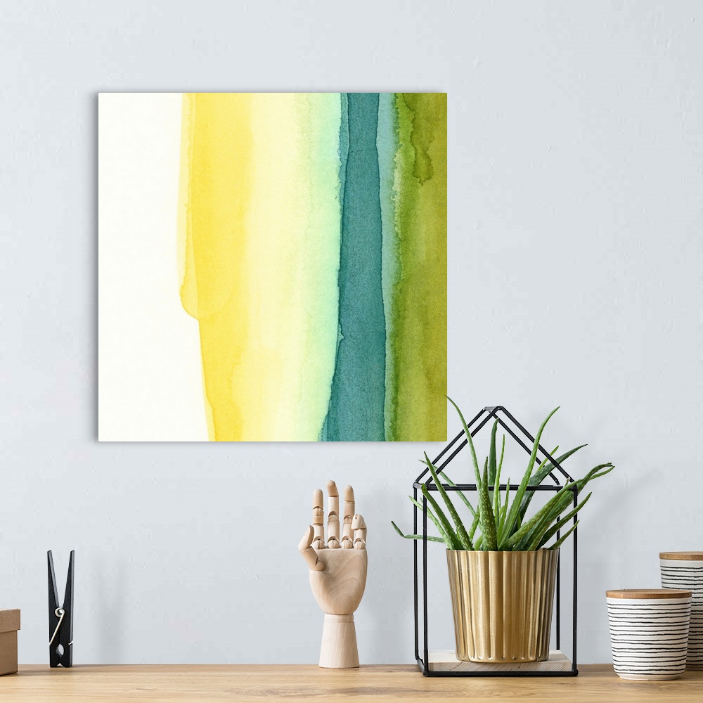 A bohemian room featuring An abstract piece of artwork with several water colors running vertically on majority of the print.