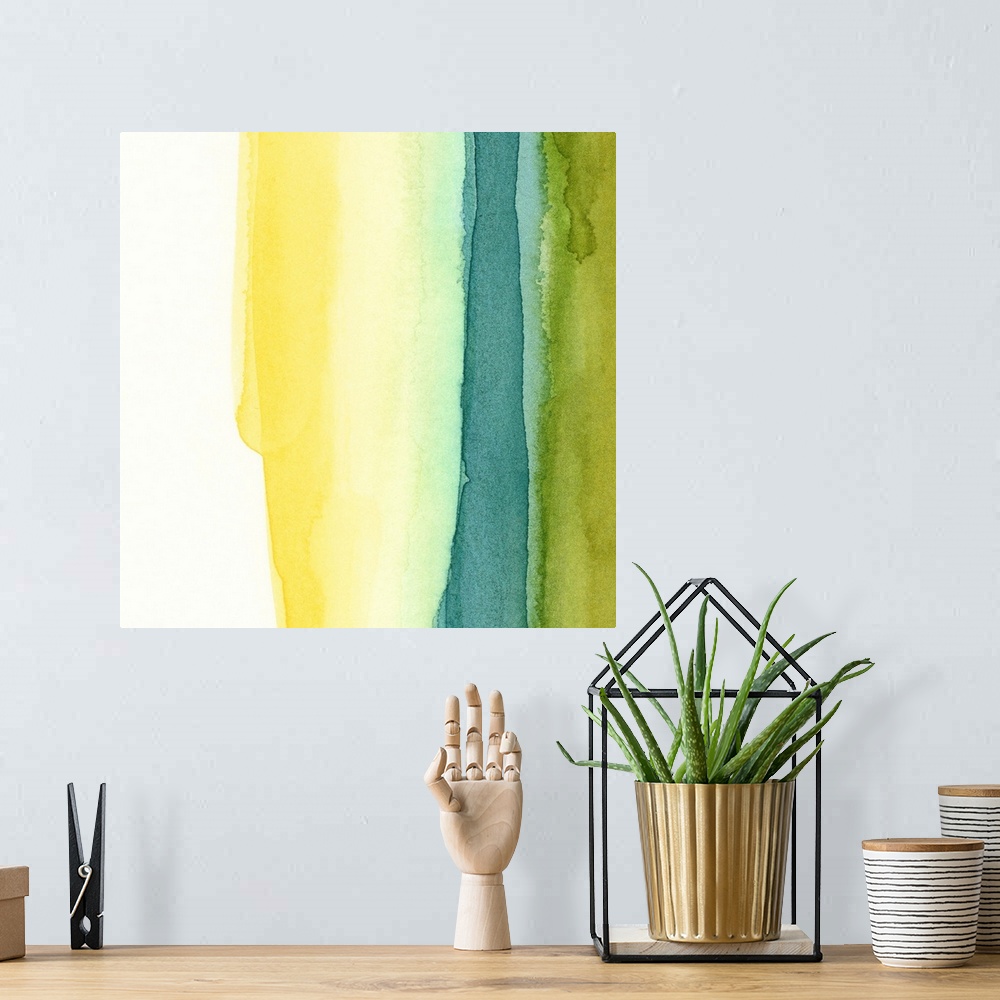 A bohemian room featuring An abstract piece of artwork with several water colors running vertically on majority of the print.