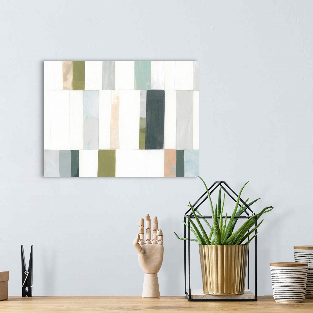 A bohemian room featuring A blocky contemporary abstract painting featuring vertical rectangular shapes in cool coastal col...