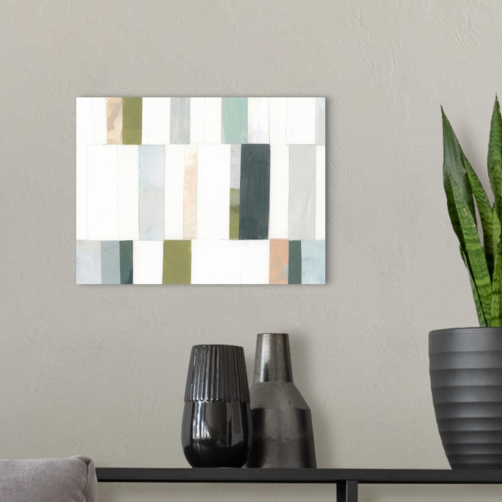 A modern room featuring A blocky contemporary abstract painting featuring vertical rectangular shapes in cool coastal col...