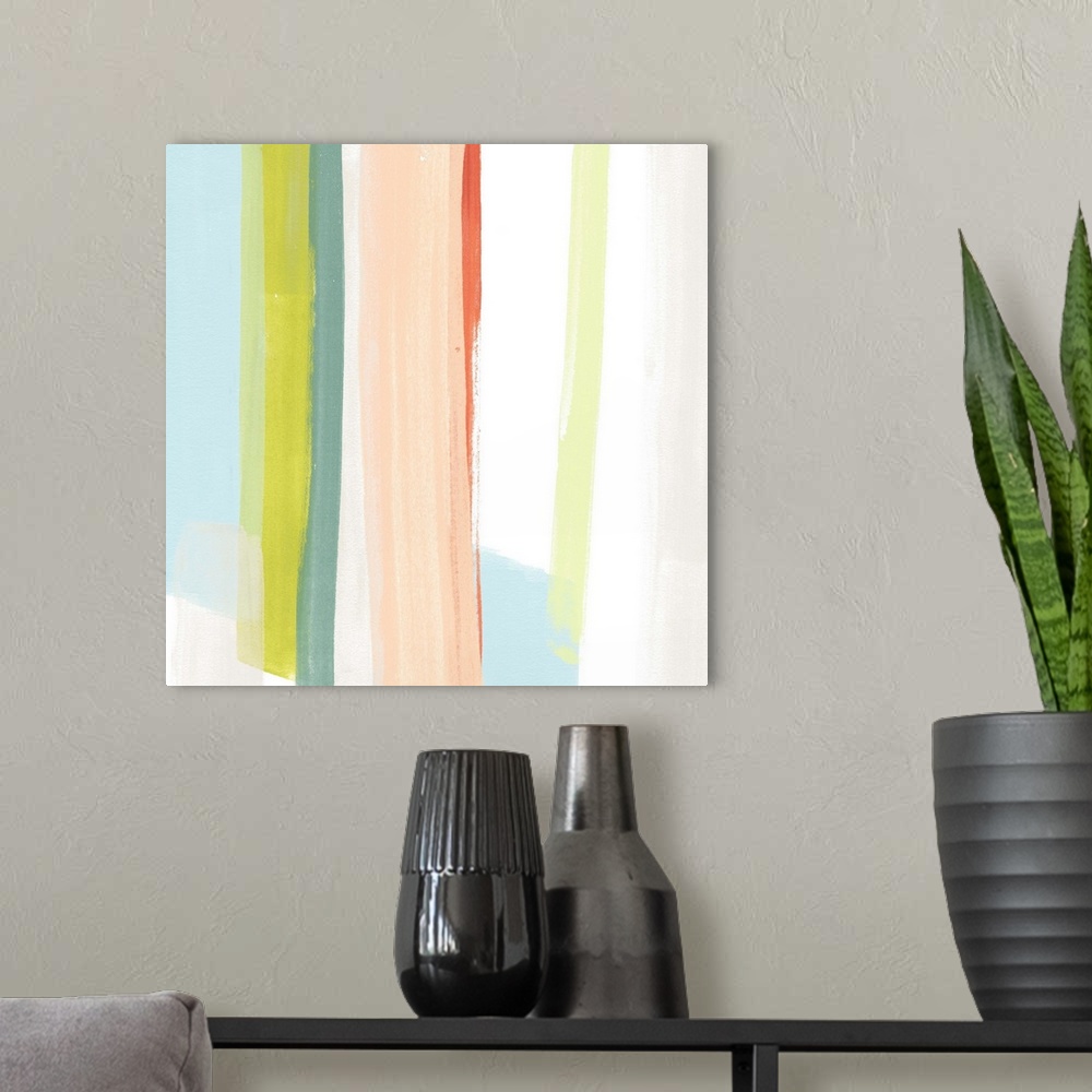 A modern room featuring Pastel abstract painting of vertical stripes in blue, yellow, and peach.