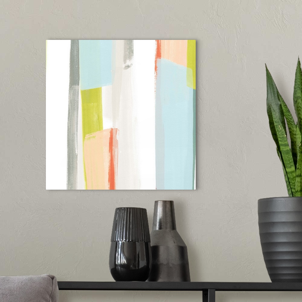 A modern room featuring Pastel abstract painting of vertical stripes in blue, yellow, and peach.