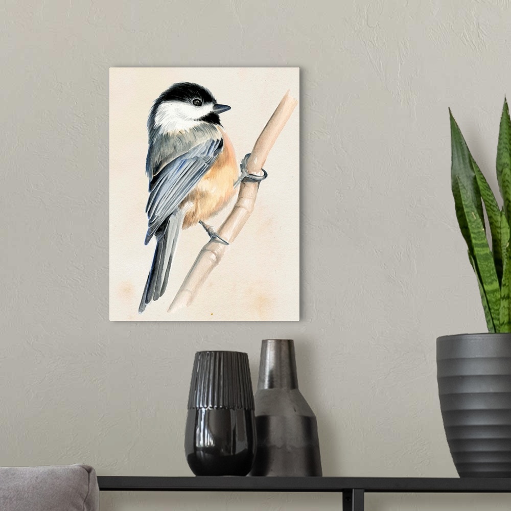 A modern room featuring Contemporary artwork of a garden bird perched on a branch against a neutral background.