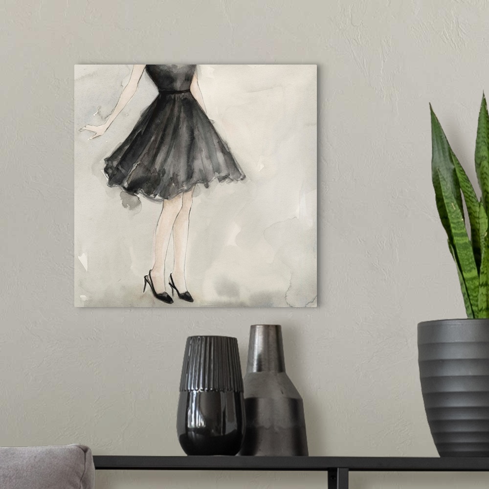 A modern room featuring Painting of a woman from the chest down wearing a black dress.