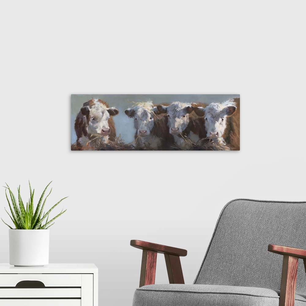 A modern room featuring Contemporary painting of a bull and three cows eating hay.
