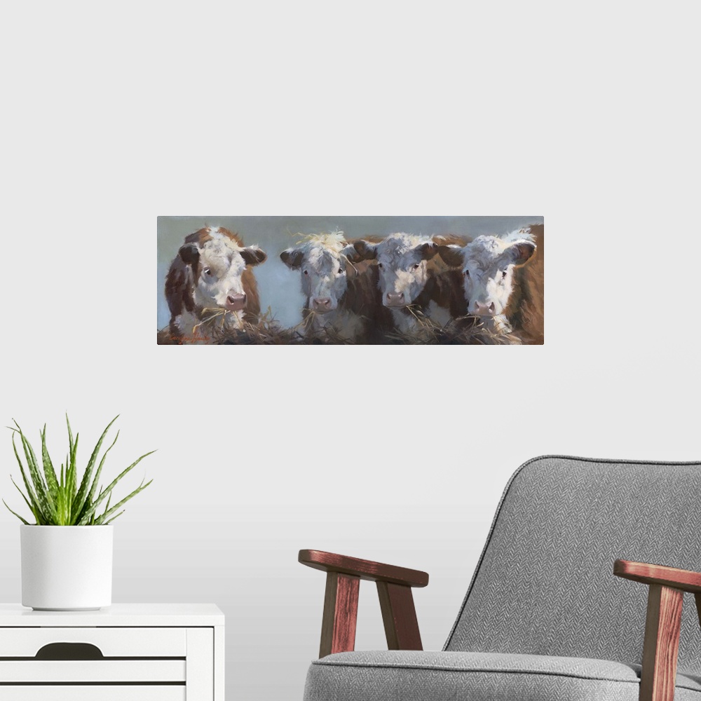 A modern room featuring Contemporary painting of a bull and three cows eating hay.