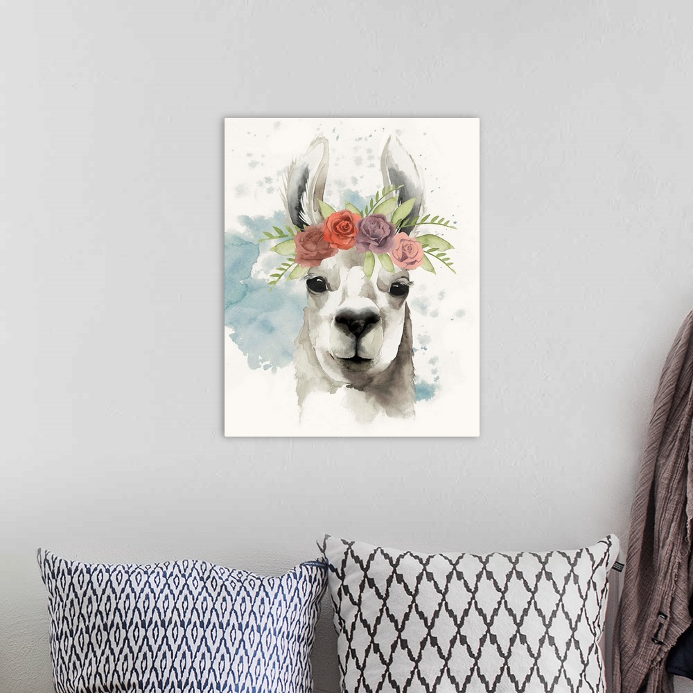 A bohemian room featuring Watercolor portrait of a llama wearing a crown of roses.