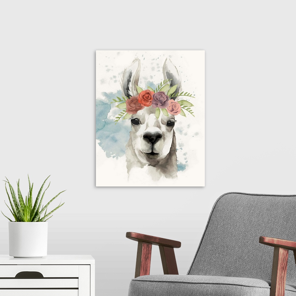 A modern room featuring Watercolor portrait of a llama wearing a crown of roses.