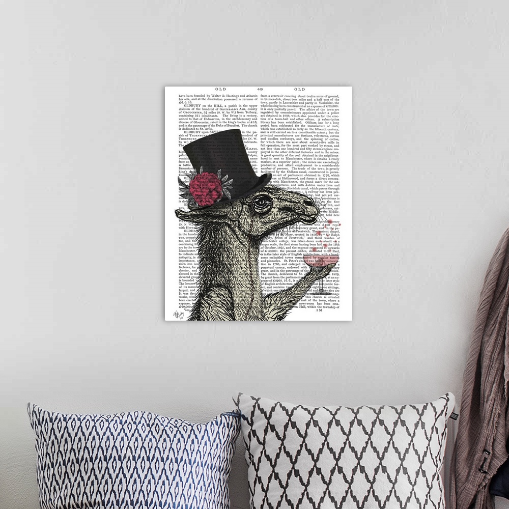 A bohemian room featuring Decorative artwork with a llama wearing a top hat and drinking a cocktail, painted on the page of...