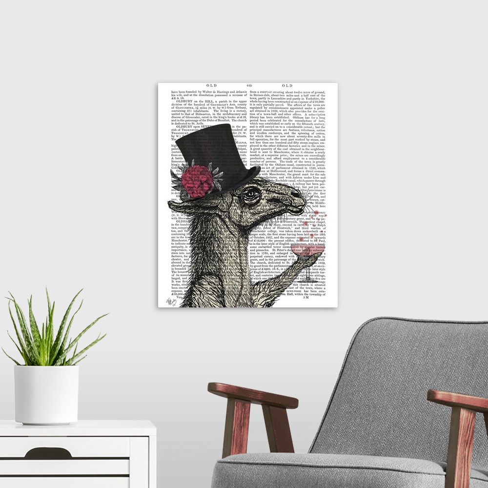 A modern room featuring Decorative artwork with a llama wearing a top hat and drinking a cocktail, painted on the page of...