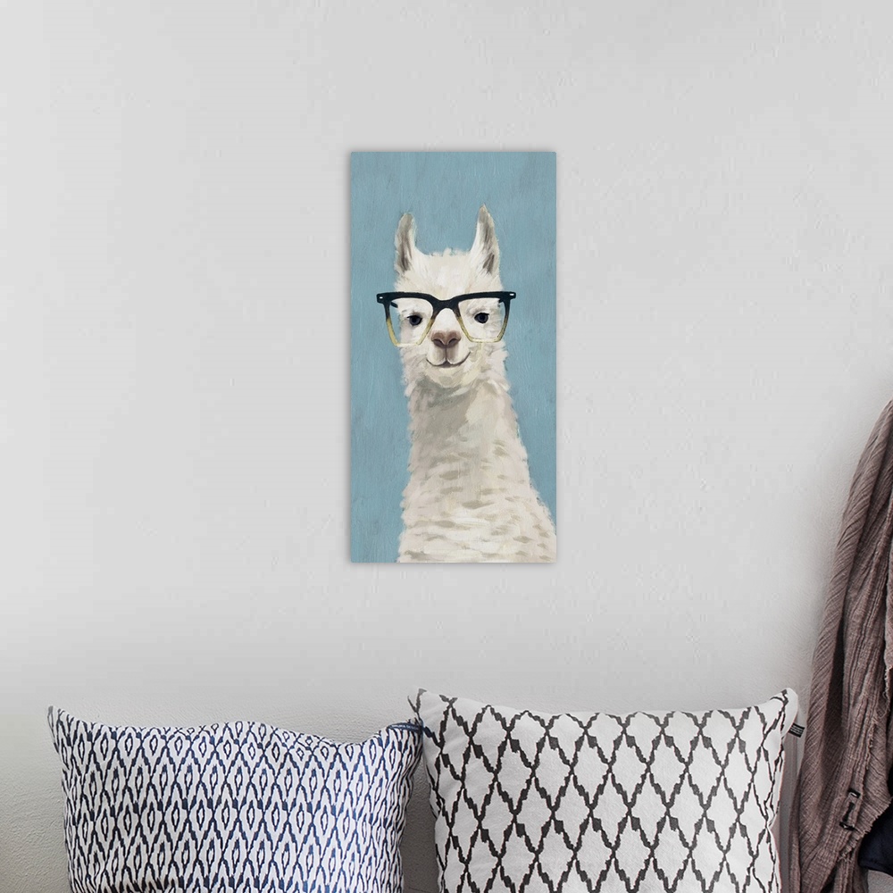 A bohemian room featuring One painting in a series of hipster llamas with goofy grins wearing eye glasses.