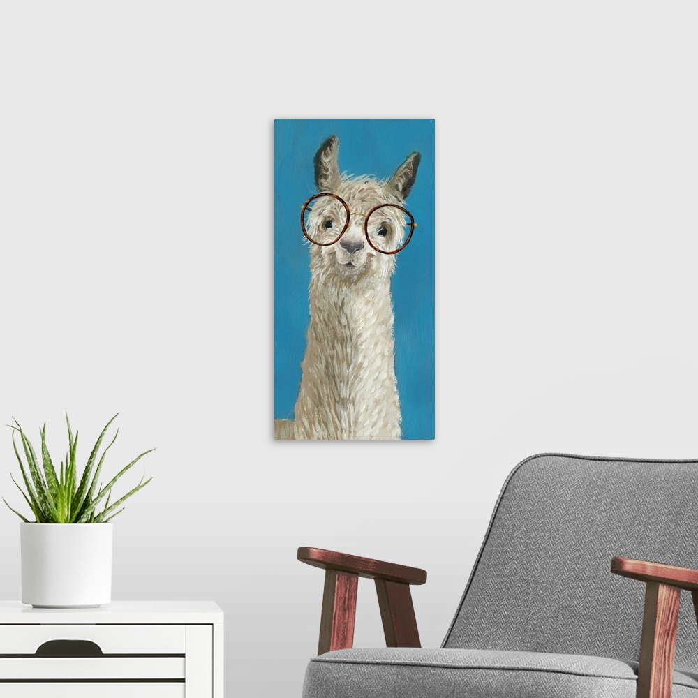 A modern room featuring One painting in a series of hipster llamas with goofy grins wearing eye glasses.