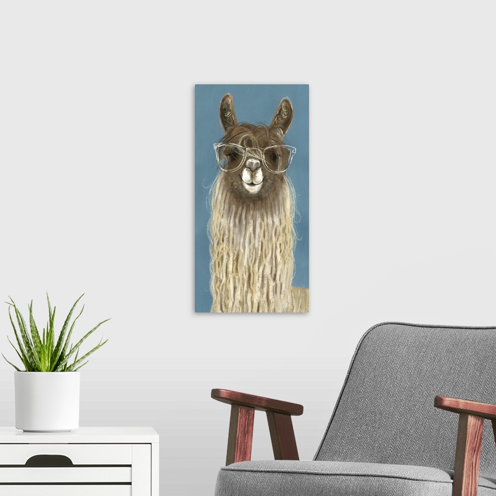 A modern room featuring One painting in a series of hipster llamas with goofy grins wearing eye glasses.