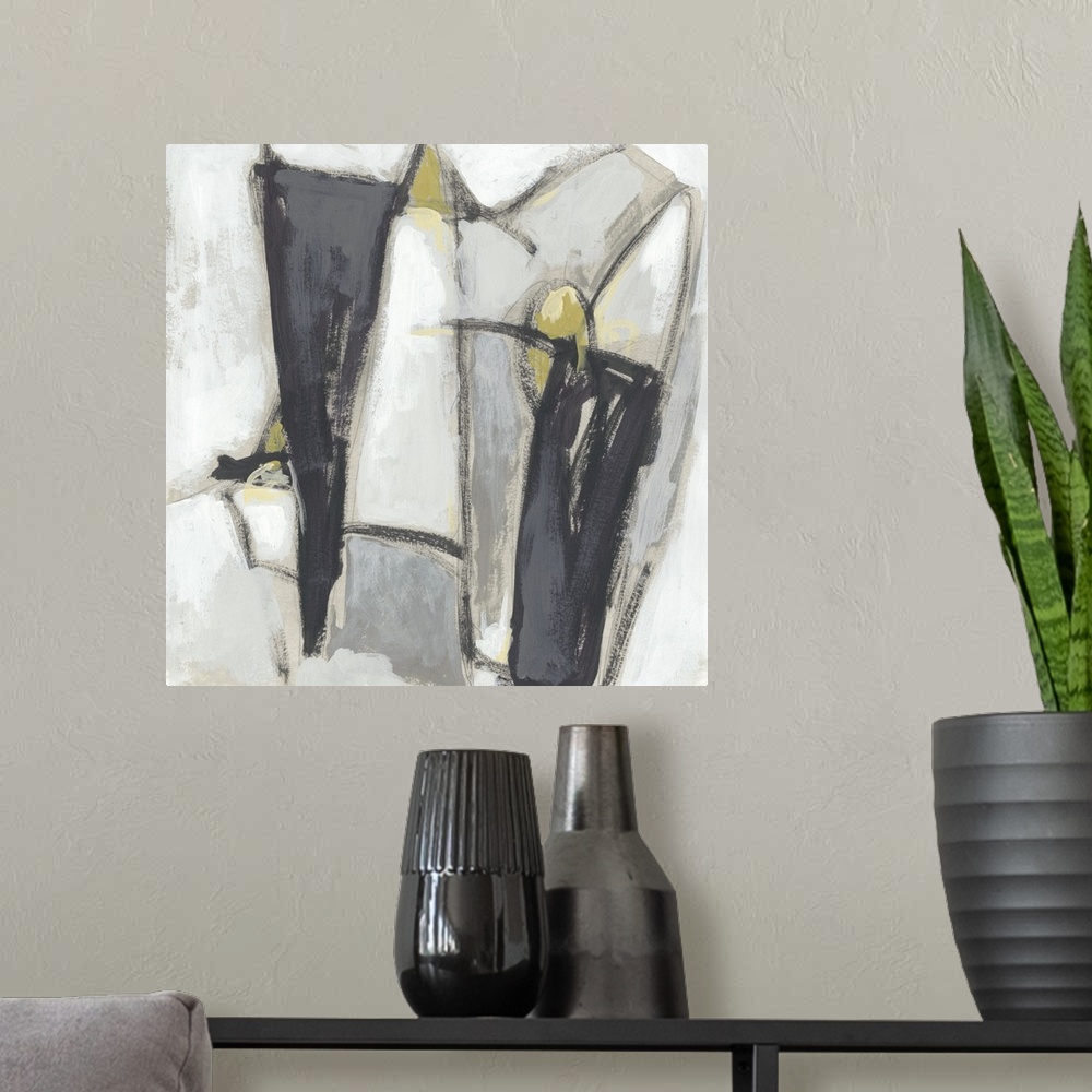 A modern room featuring Abstract artwork of spirited brush strokes in gray tones over a white backdrop embellished with g...