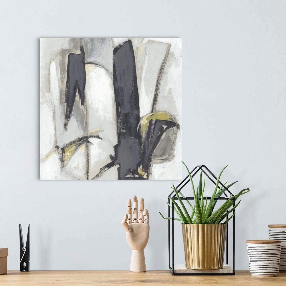 A bohemian room featuring Abstract artwork of spirited brush strokes in gray tones over a white backdrop embellished with g...