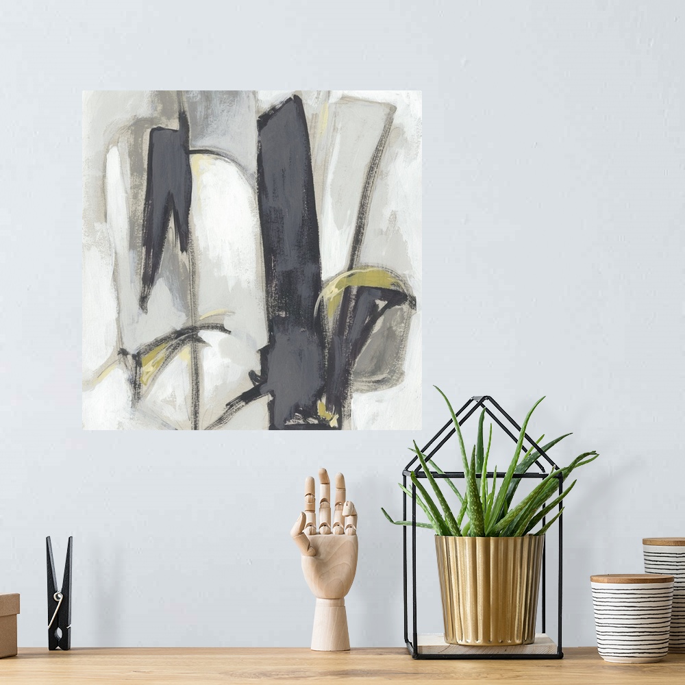 A bohemian room featuring Abstract artwork of spirited brush strokes in gray tones over a white backdrop embellished with g...