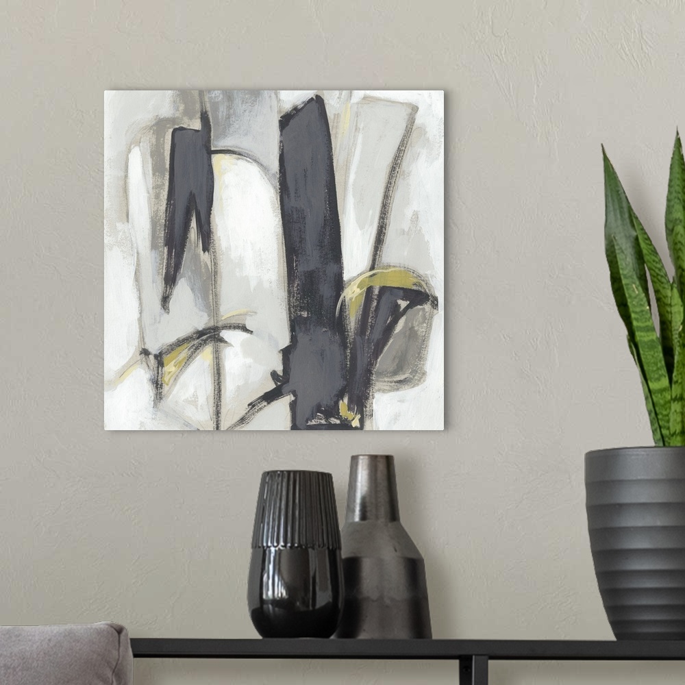 A modern room featuring Abstract artwork of spirited brush strokes in gray tones over a white backdrop embellished with g...