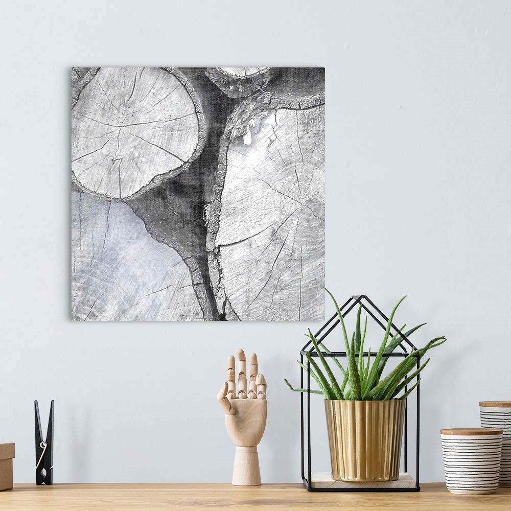 A bohemian room featuring Abstract artwork in grey shades made from cross sections of tree trunks.
