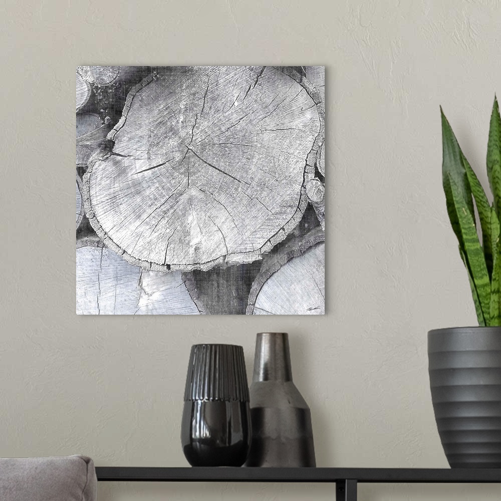 A modern room featuring Abstract artwork in grey shades made from cross sections of tree trunks.