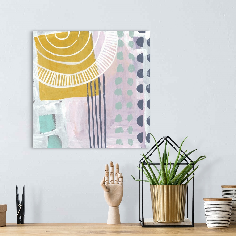 A bohemian room featuring Fun, contemporary abstract painting with geometric forms and lines in a vareity of bright and pas...