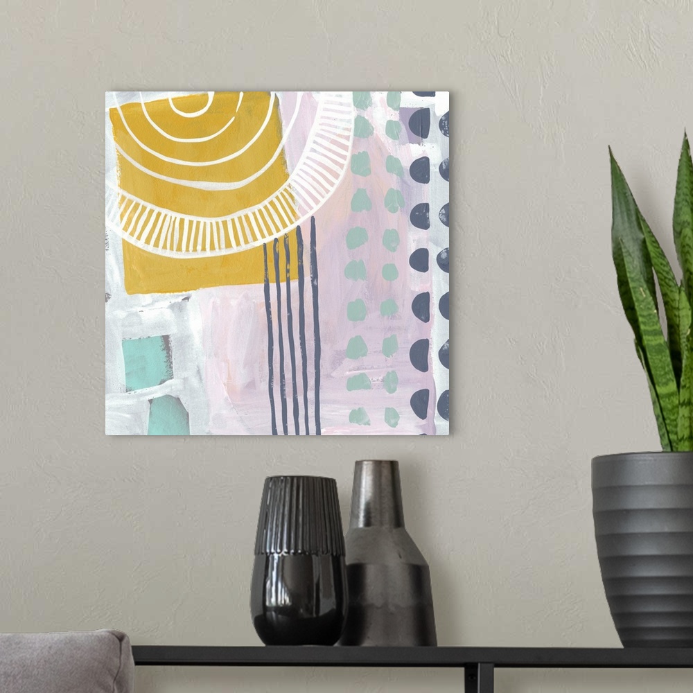 A modern room featuring Fun, contemporary abstract painting with geometric forms and lines in a vareity of bright and pas...