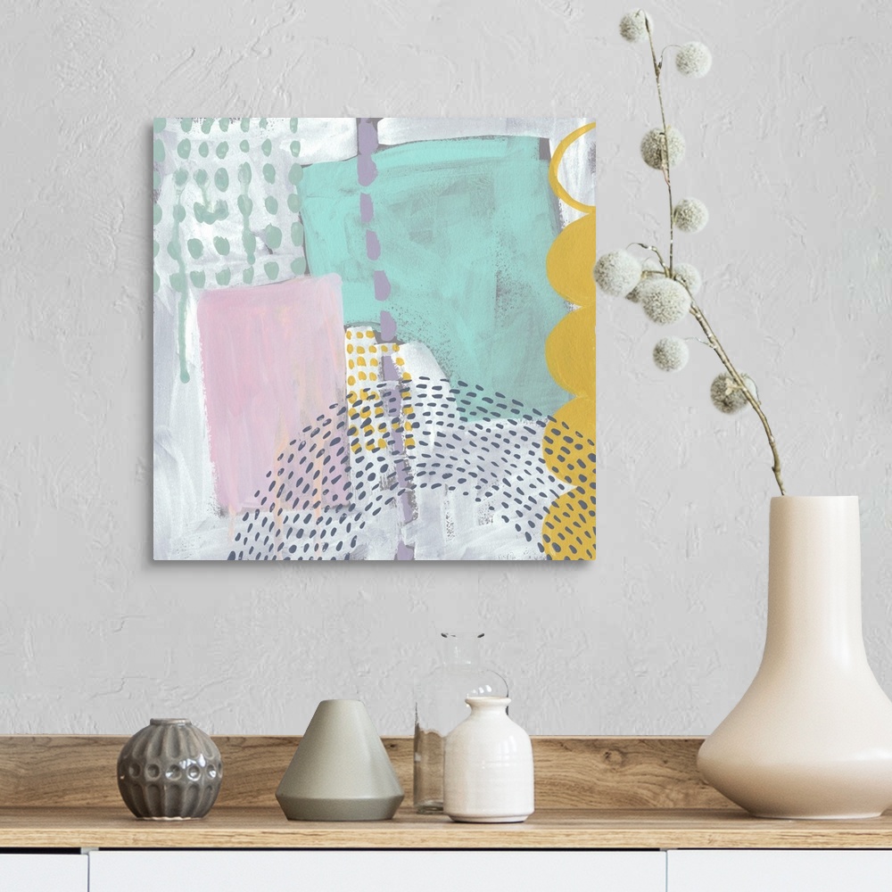 A farmhouse room featuring Fun, contemporary abstract painting with geometric forms and lines in a vareity of bright and pas...