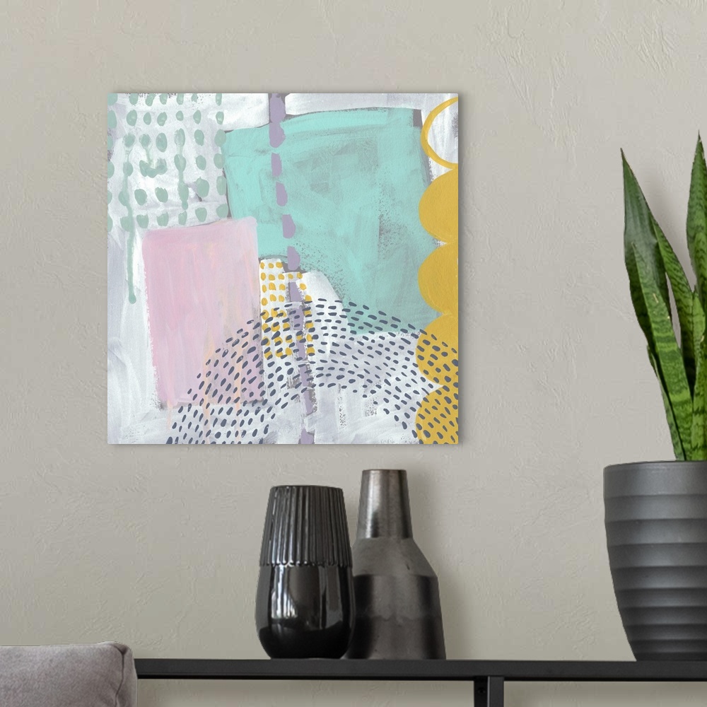A modern room featuring Fun, contemporary abstract painting with geometric forms and lines in a vareity of bright and pas...