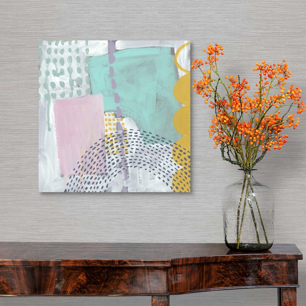 A traditional room featuring Fun, contemporary abstract painting with geometric forms and lines in a vareity of bright and pas...