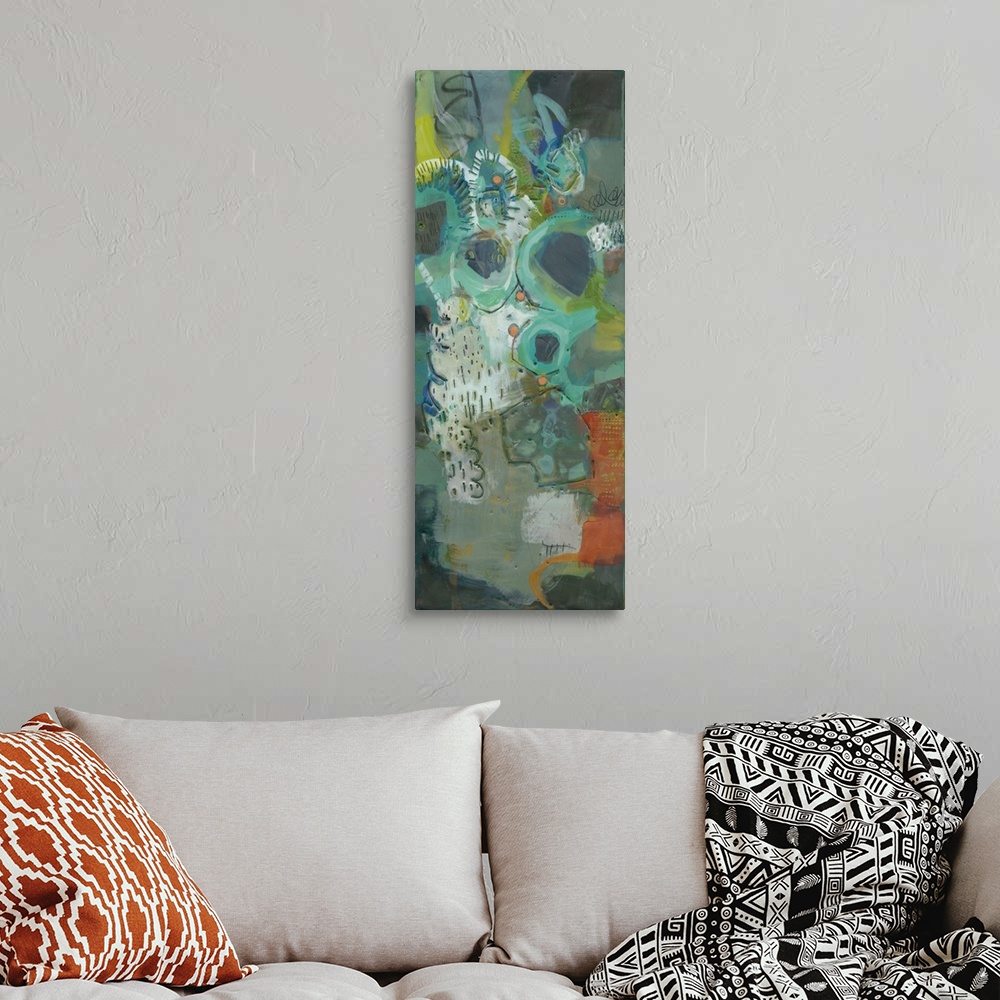 A bohemian room featuring This contemporary artwork features mottled areas of bright color with textured lines and dots tha...