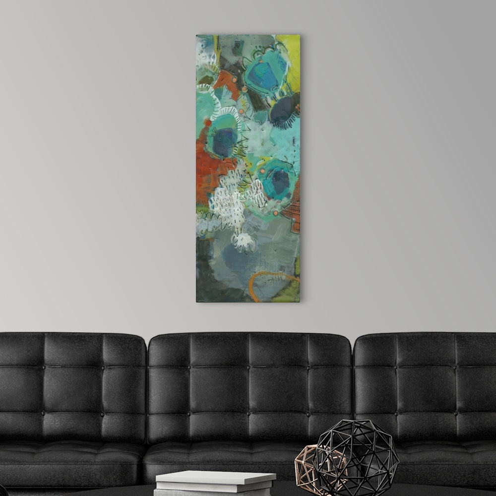 A modern room featuring This contemporary artwork features mottled areas of bright color with textured lines and dots tha...